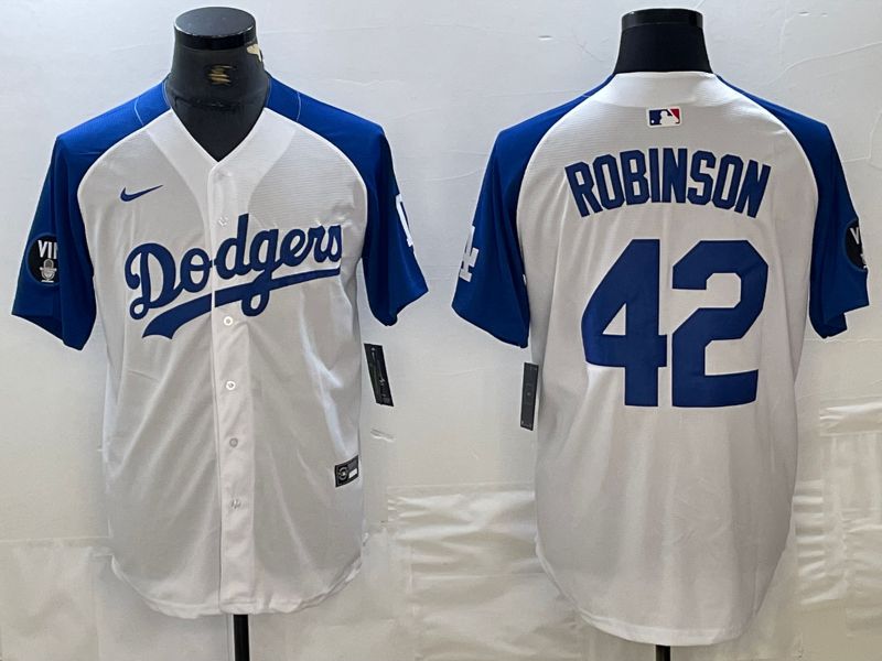 Men Los Angeles Dodgers 42 Robinson White blue Fashion Nike Game MLB Jersey style 1